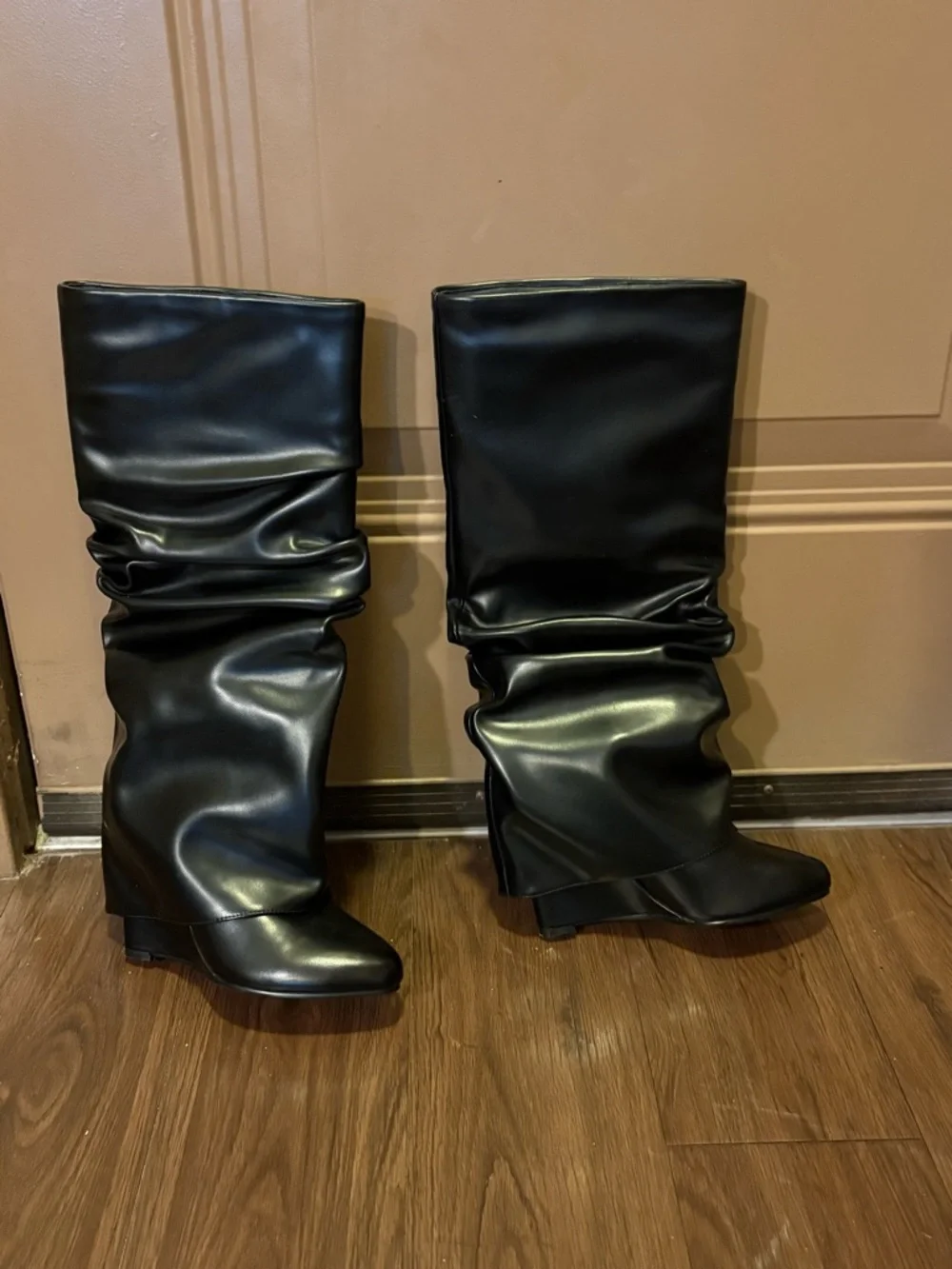 Slouched Ruched Fold Over Covered Wedge Heel Patent Leather Knee High Boots Wide